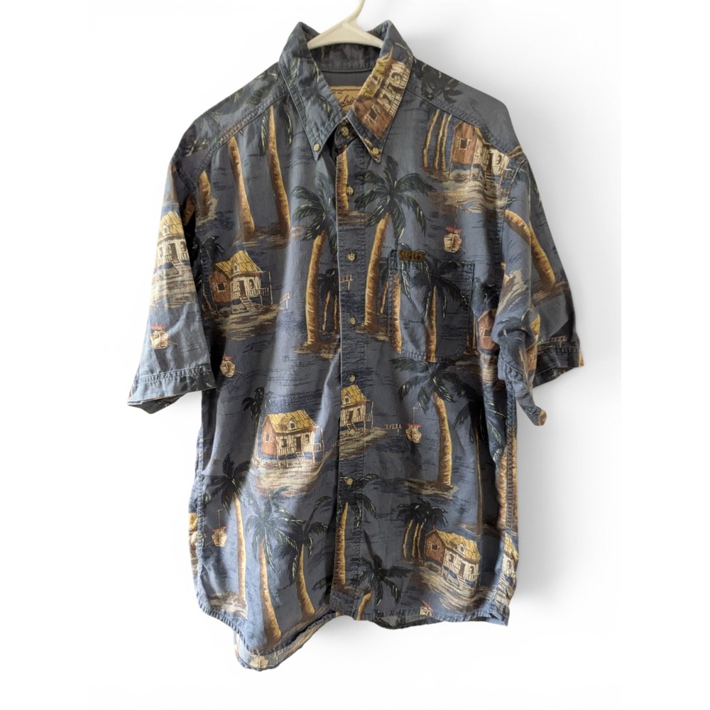 Woolrich Mens Large Blue Tropical Palm Tree Beach Hut Short Sleeve Button Shirt
